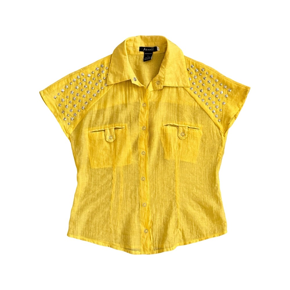 Azwell Studded Western Shirt Women Small‎ Yellow Short Sleeve Western Star Snap